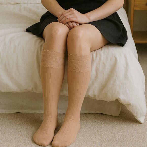 Nude Lace Knee High Socks ,Sheer Ribbed Stockings - Italy - Picture 1 of 2